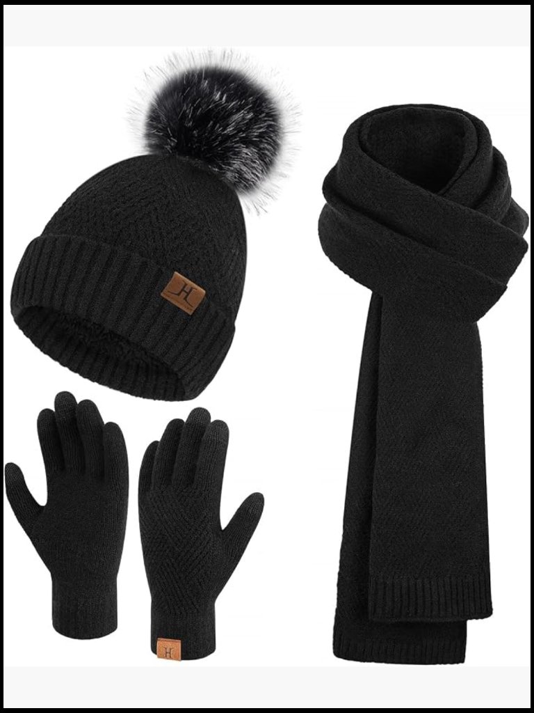 Winter Knit Beanie Scarf Gloves Set Fleece Lined Touchscreen